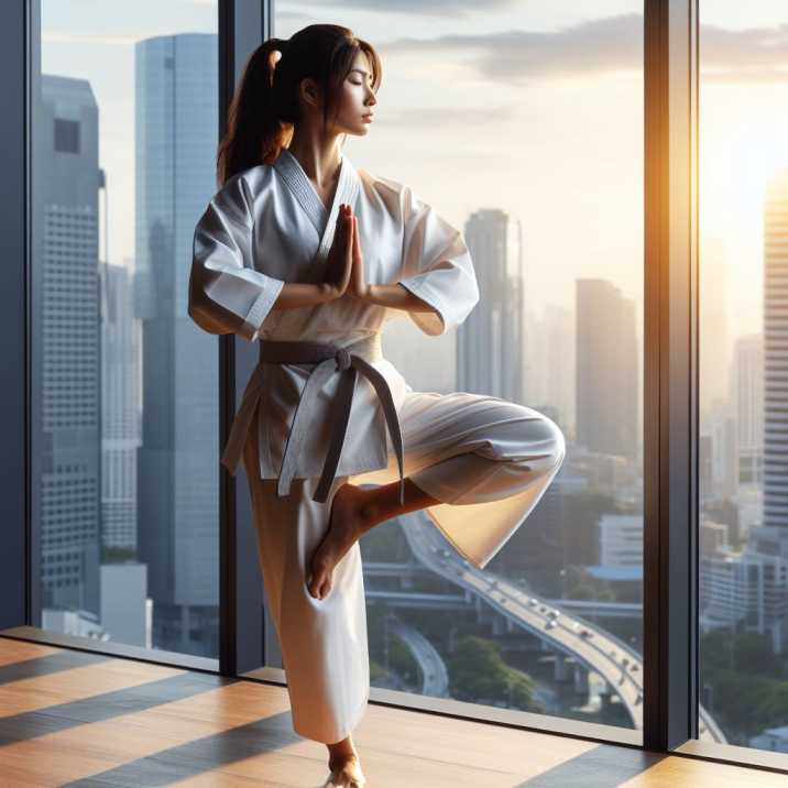 Martial arts student performing yoga-inspired balancing exercise