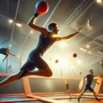 Players engaged in trampoline dodgeball, bouncing and throwing balls in a brightly lit indoor arena.