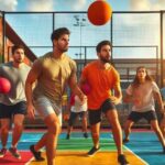 A group of players engaged in a lively dodgeball match on a colorful court