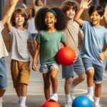 A group of diverse children playing dodgeball together, smiling and high-fiving each other.