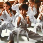 Children in karate uniforms performing martial arts techniques