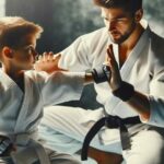 Child practicing martial arts with instructor.