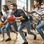 Group of diverse colleagues playing dodgeball forTeam Building Activities