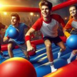 Players navigating through inflatable obstacles during a game of dodgeball.