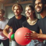 A group of diverse players engaged in a foam dodgeball game, demonstrating teamwork and excitement