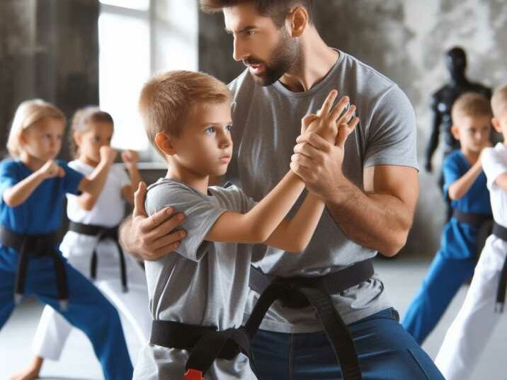 Instructor demonstrating proper technique to children in a Krav Maga class