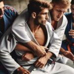 BJJ practitioners grappling on mats in a gym.