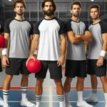 A standard dodgeball team of six players standing in formation on a court.