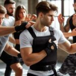 Group of Krav Maga practitioners training in a dojo, performing self-defense techniques with an instructor guiding them.