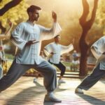 A group practicing Tai Chi in a park.