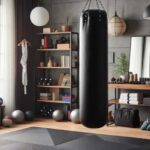 A gym setup for martial arts at home training with a mat, mirror, and punching bag.