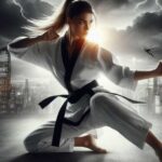 Black belt martial artist demonstrating advanced moves.
