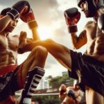 Two Muay Thai fighters exchanging kicks during sparring.