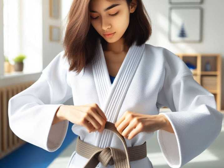 Child learning how to tie a Brazilian Jiu Jitsu belt