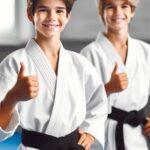 Child proudly wearing a black belt in karate uniform.