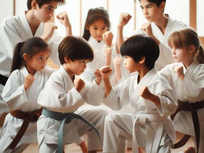 Kids practicing karate together in class.
