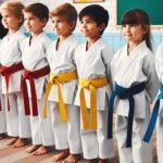 Kids wearing different karate belts standing in line