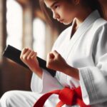 Kid in red belt karate uniform demonstrating kata