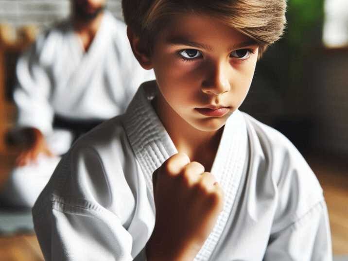 Boy focusing during a karate belt test.