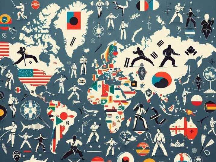 A world map with martial arts icons from different countries