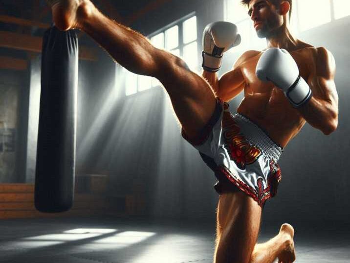 Muay Thai fighter delivering a calf kick in training