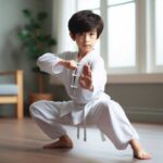 Young boy practicing Kung Fu stances indoors