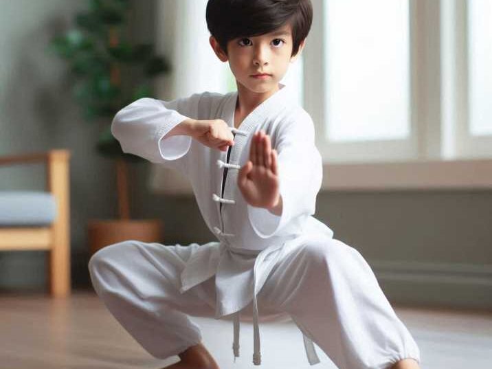 Young boy practicing Kung Fu stances indoors