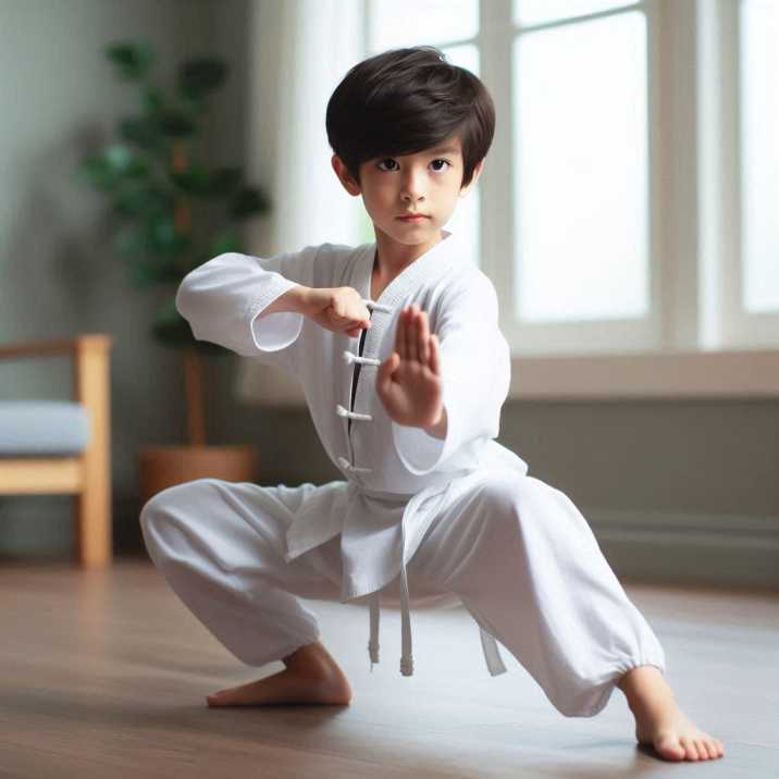 Young boy practicing Kung Fu stances indoors