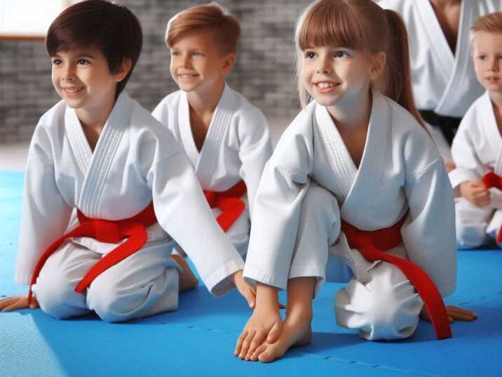 Kids practicing martial arts in a dojo.