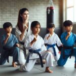 Kids practicing fastest martial arts in a gym with a coach.