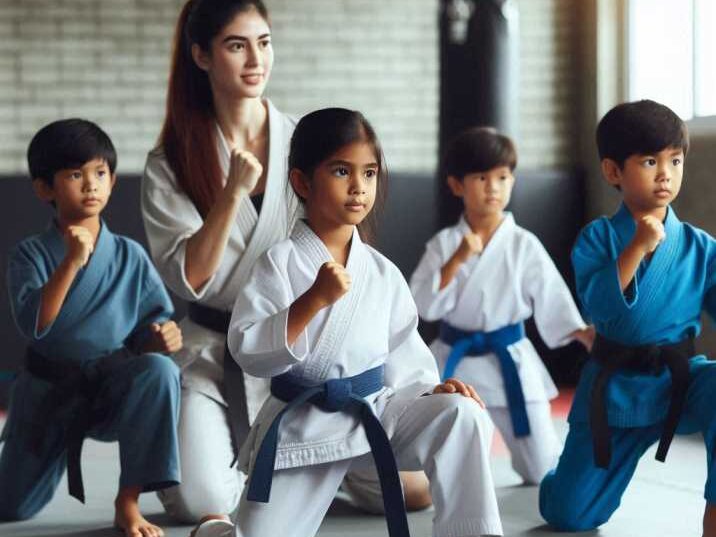 Kids practicing fastest martial arts in a gym with a coach.
