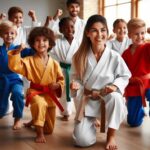 Children practicing karate in a dojo