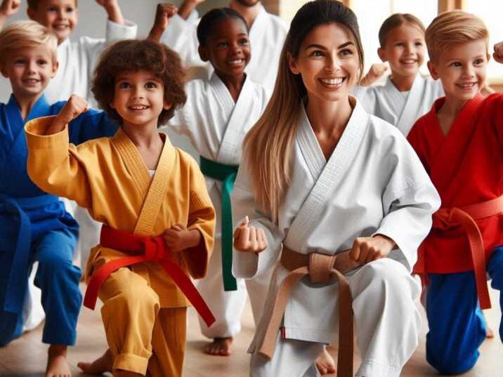 Children practicing karate in a dojo