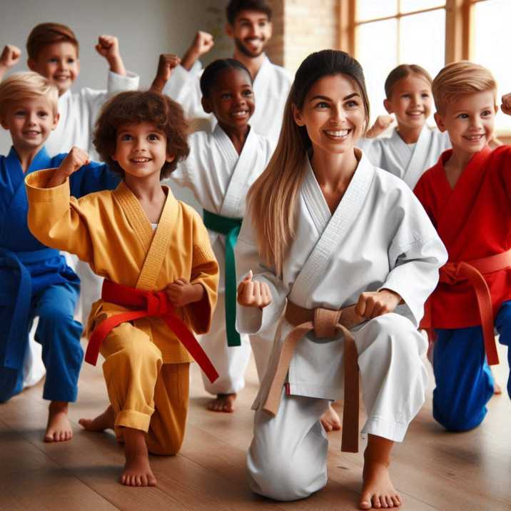 Children practicing karate in a dojo