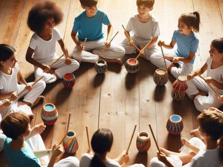 Children practicing Capoeira in a circle with music