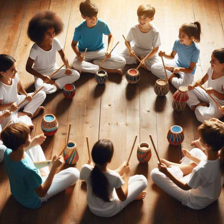 Children practicing Capoeira in a circle with music