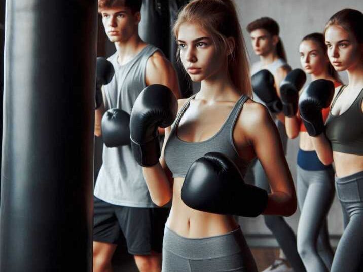 Group of teens in boxing class punching heavy bags