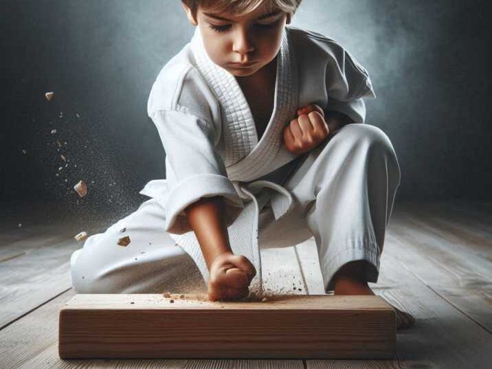 Child breaking a wooden board in karate class.
