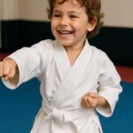 Child practicing martial arts in a dojo