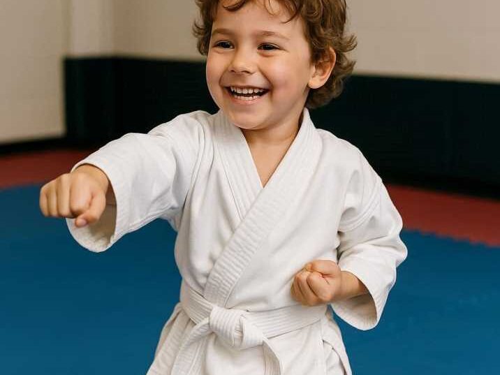 Child practicing martial arts in a dojo