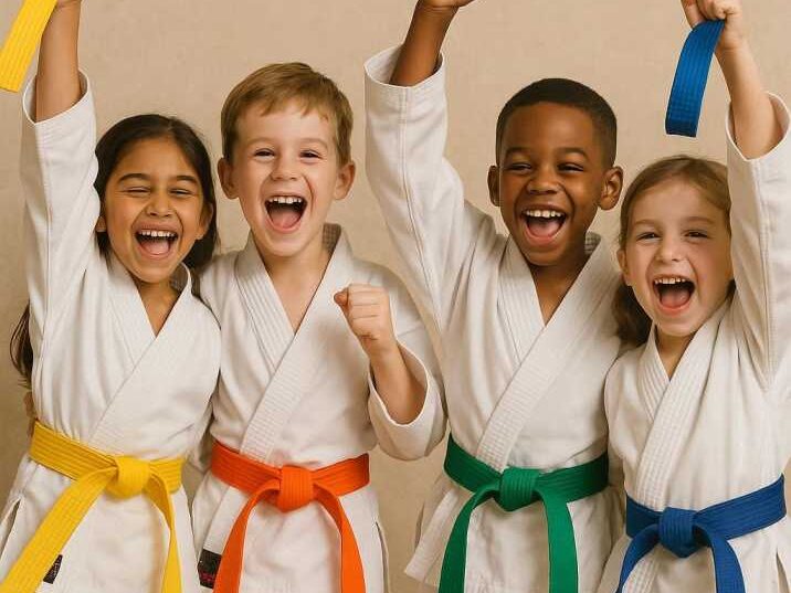 Group of kids earning martial arts belts