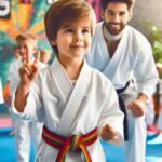 Child practicing karate with instructor