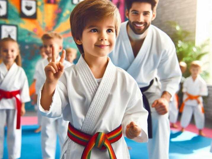 Child practicing karate with instructor