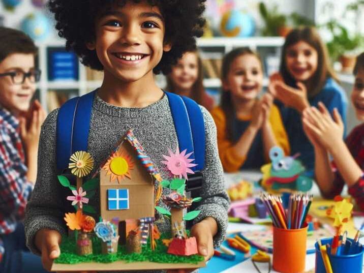 Child proudly holding up a school project with a big smile.