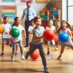Kids playing dodgeball indoors with foam balls