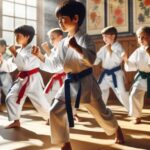 Karate kids in white uniforms punching