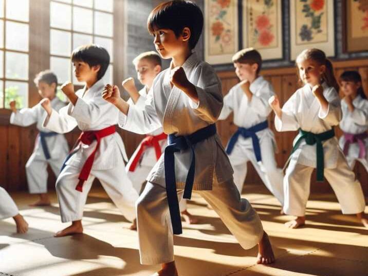 Karate kids in white uniforms punching