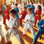 Kids practicing karate in class.