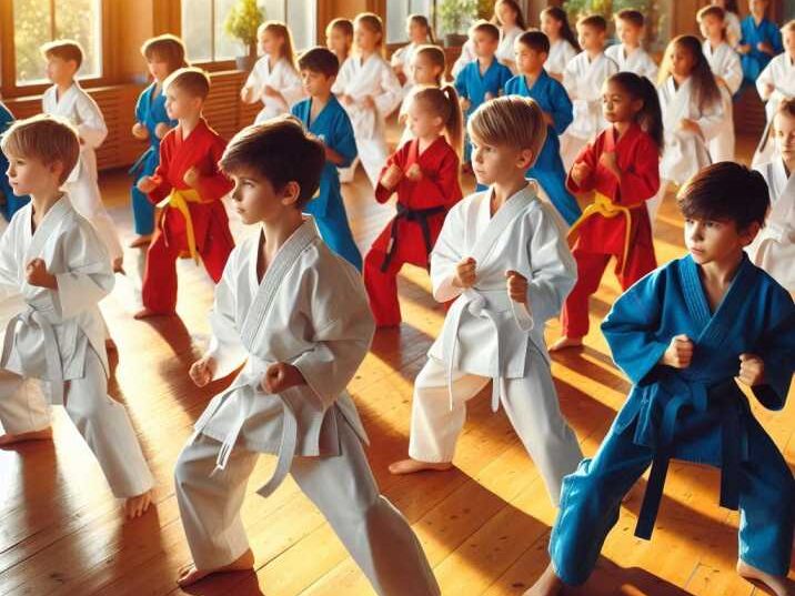 Kids practicing karate in class.