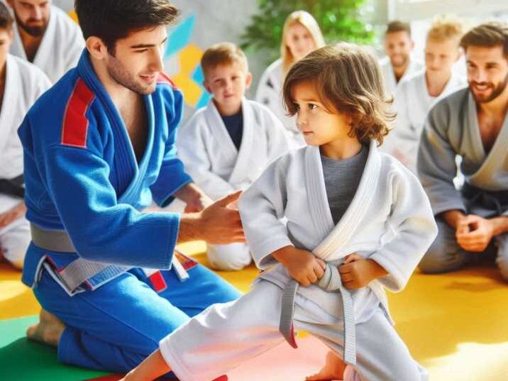 Kid practicing Brazilian Jiu-Jitsu self-defense move.